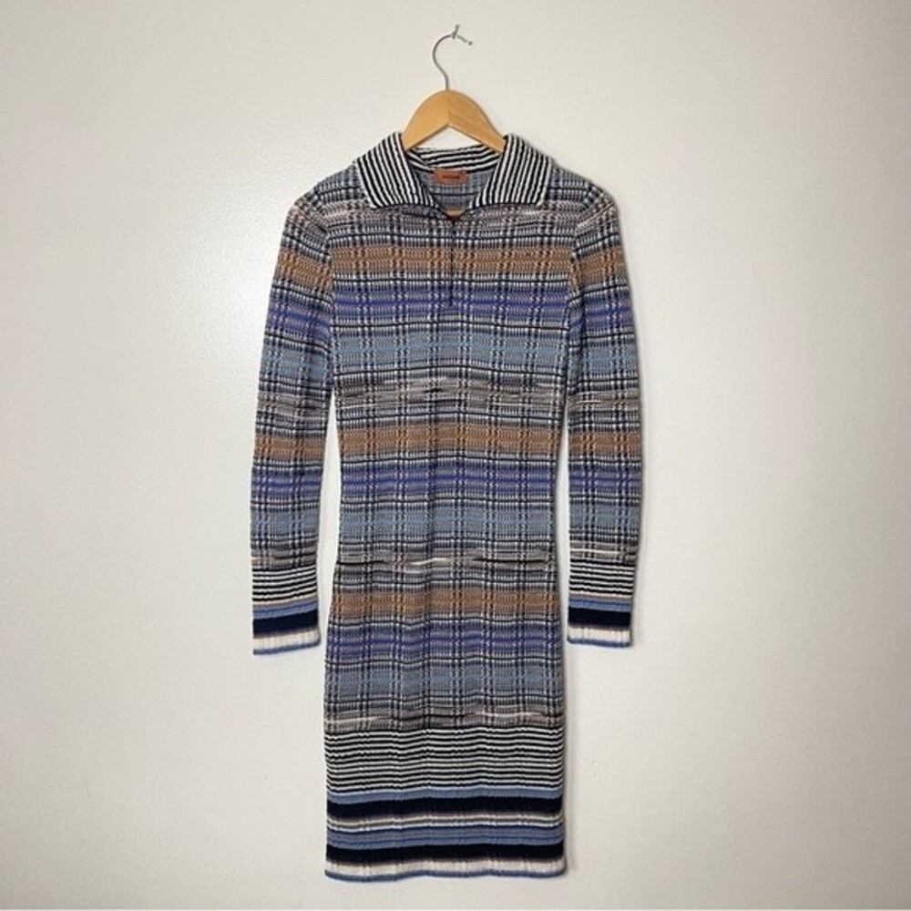 Missoni Y2K Quarter Zip Woven Knit Striped Blue Brown Long Sleeve Bodycon Dress